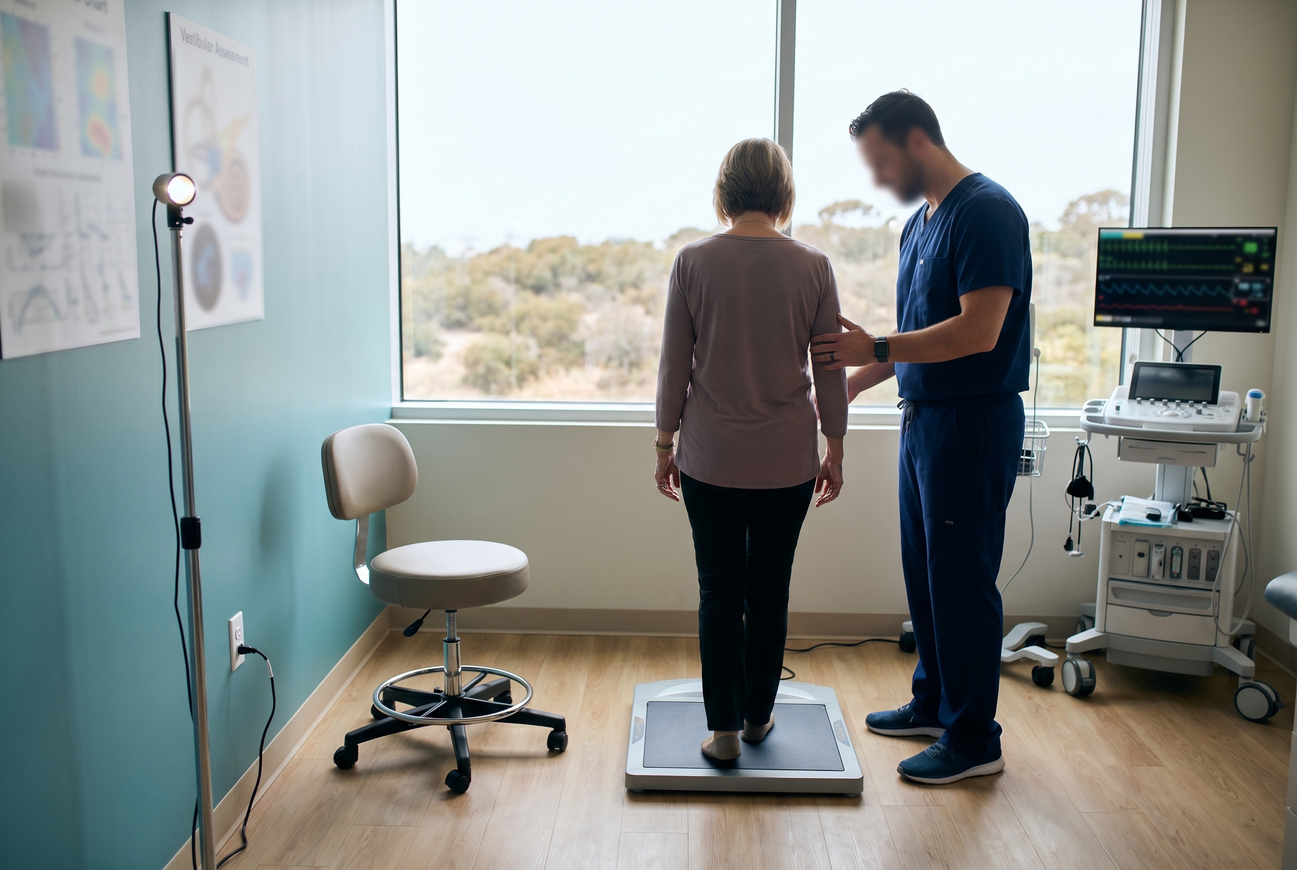 Clinical migraine evaluation setup with neurologic and balance testing tools in a modern San Diego clinic