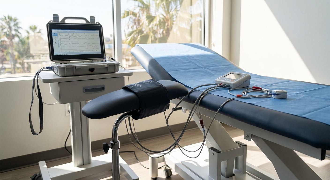 Clinical autonomic testing setup for dizziness and orthostatic symptoms in a San Diego neurology rehabilitation clinic