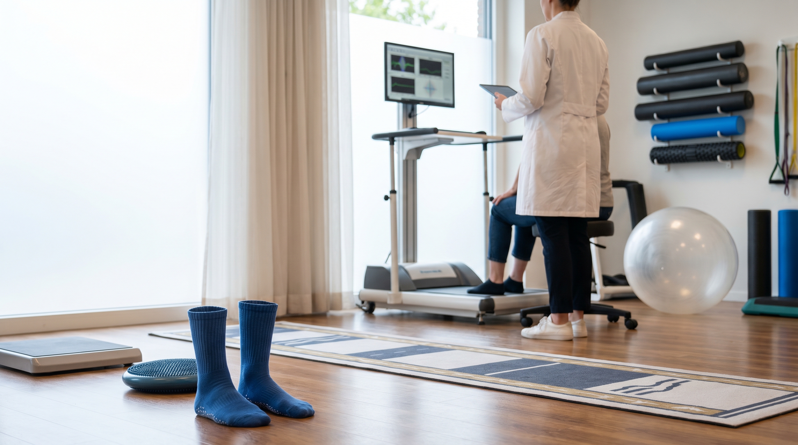 Clinical balance assessment setup with vestibular and neurologic testing equipment in a modern San Diego rehabilitation setting