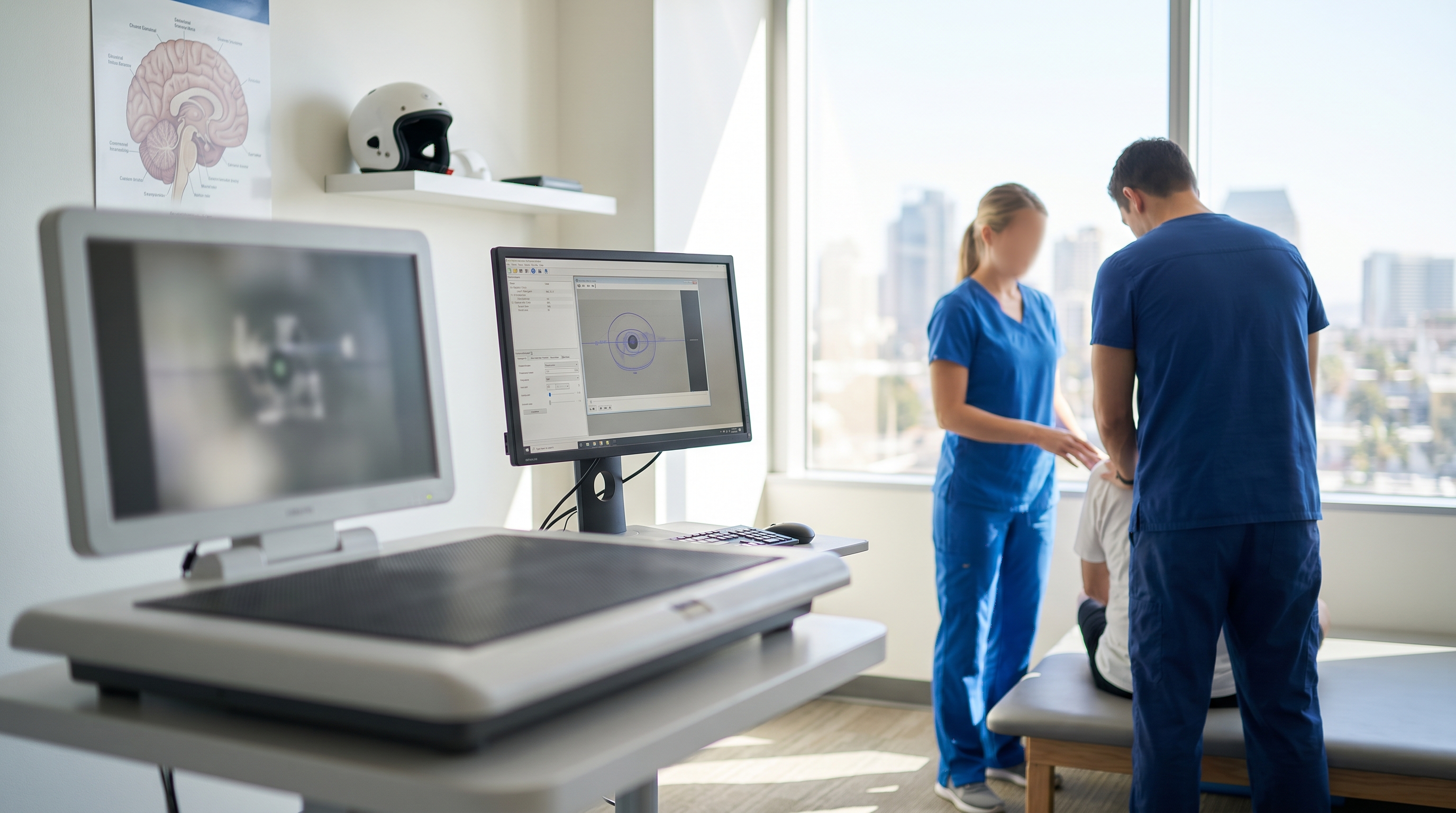 Clinical concussion assessment setup with balance and eye tracking tools in a modern rehab setting