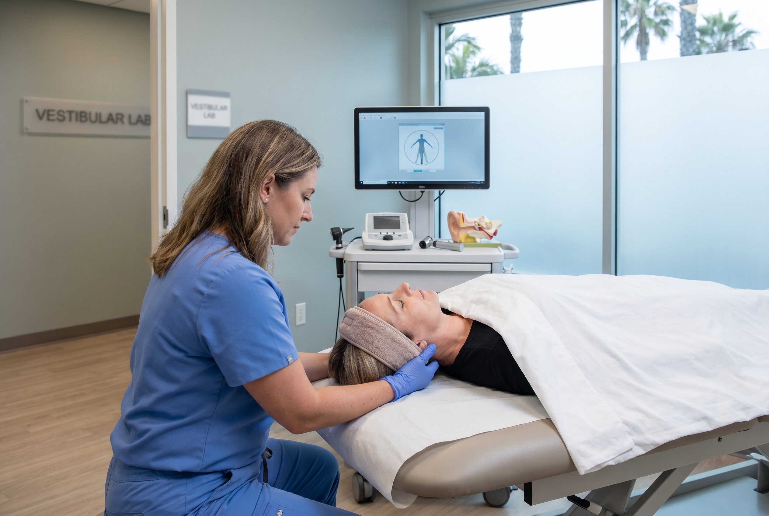 Clinical vestibular evaluation setup for positional vertigo assessment in San Diego