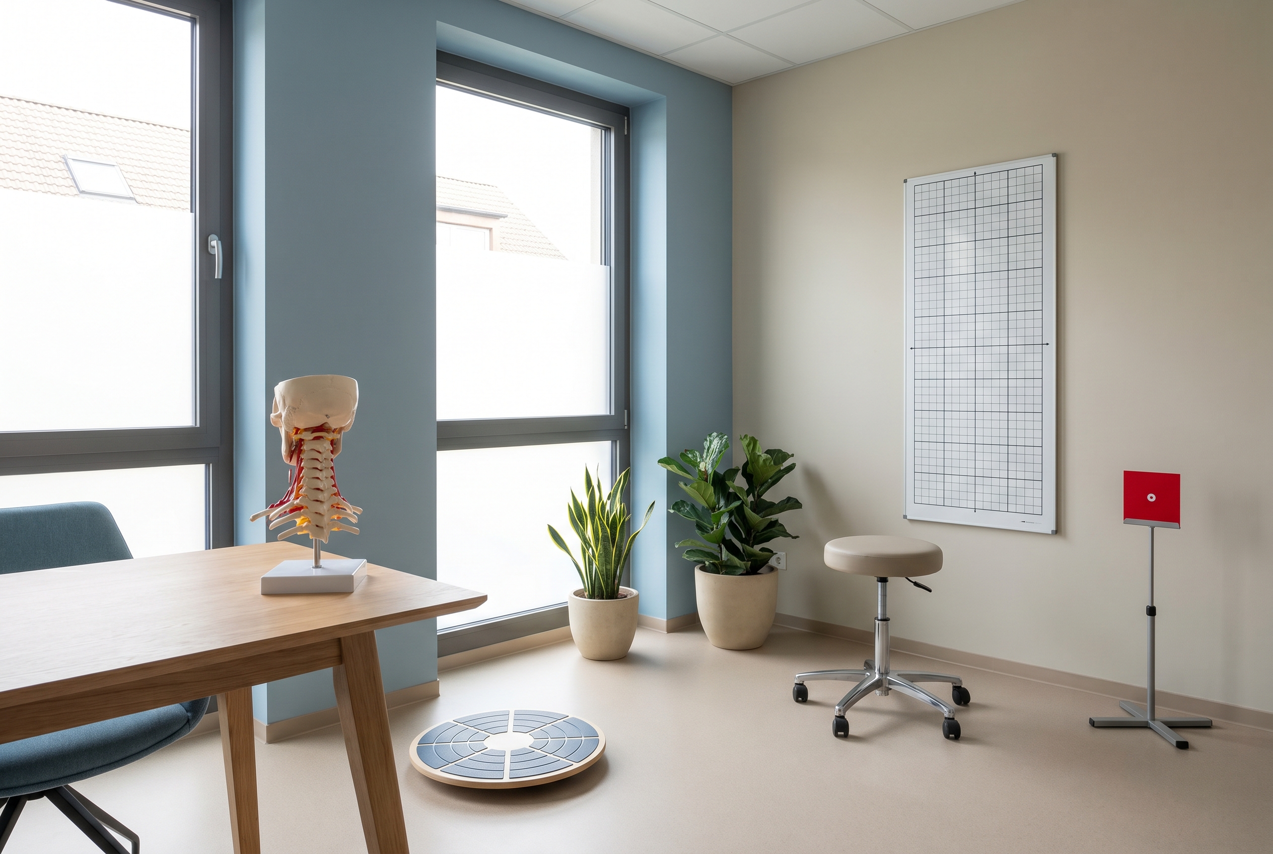 Clinical balance and cervical assessment setup in a modern exam room with no people visible