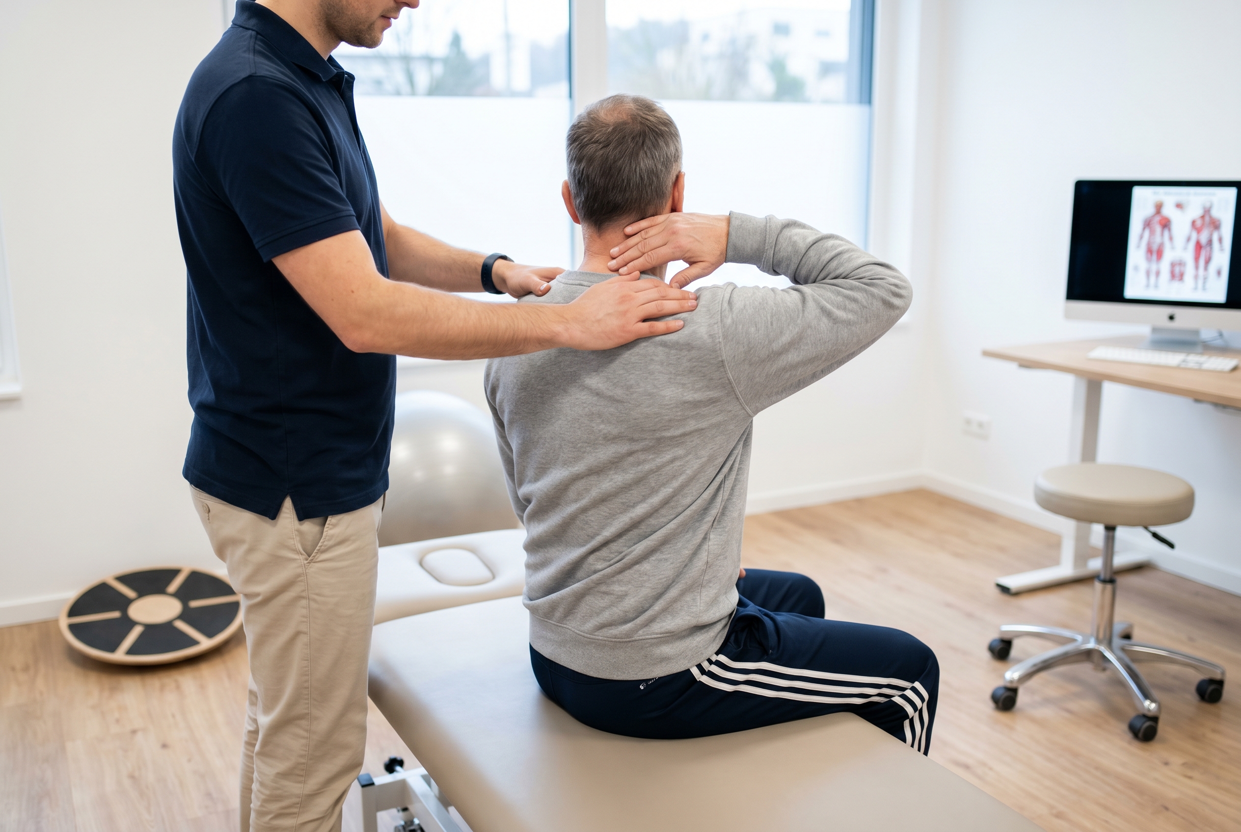Therapist guiding a patient through balance and neck rehabilitation for cervicogenic dizziness treatment in a clinical setting