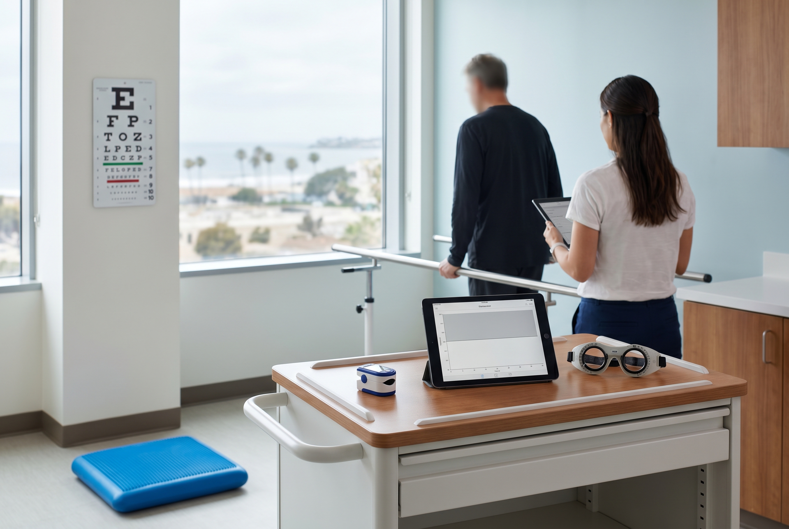 Clinical balance and vestibular assessment setup for chronic dizziness treatment in San Diego