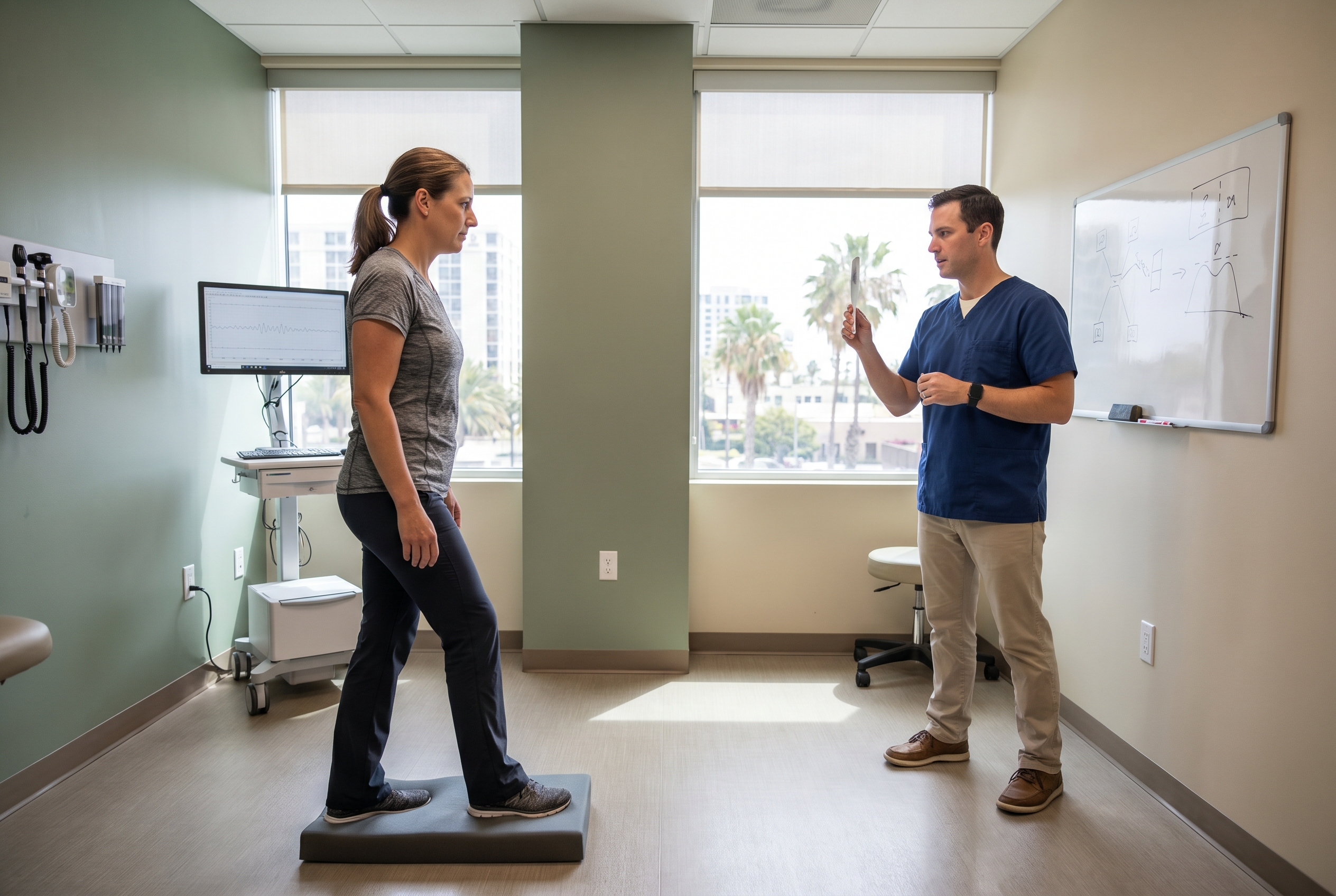 Patient completing concussion rehabilitation exercises for brain fog recovery in a San Diego clinic