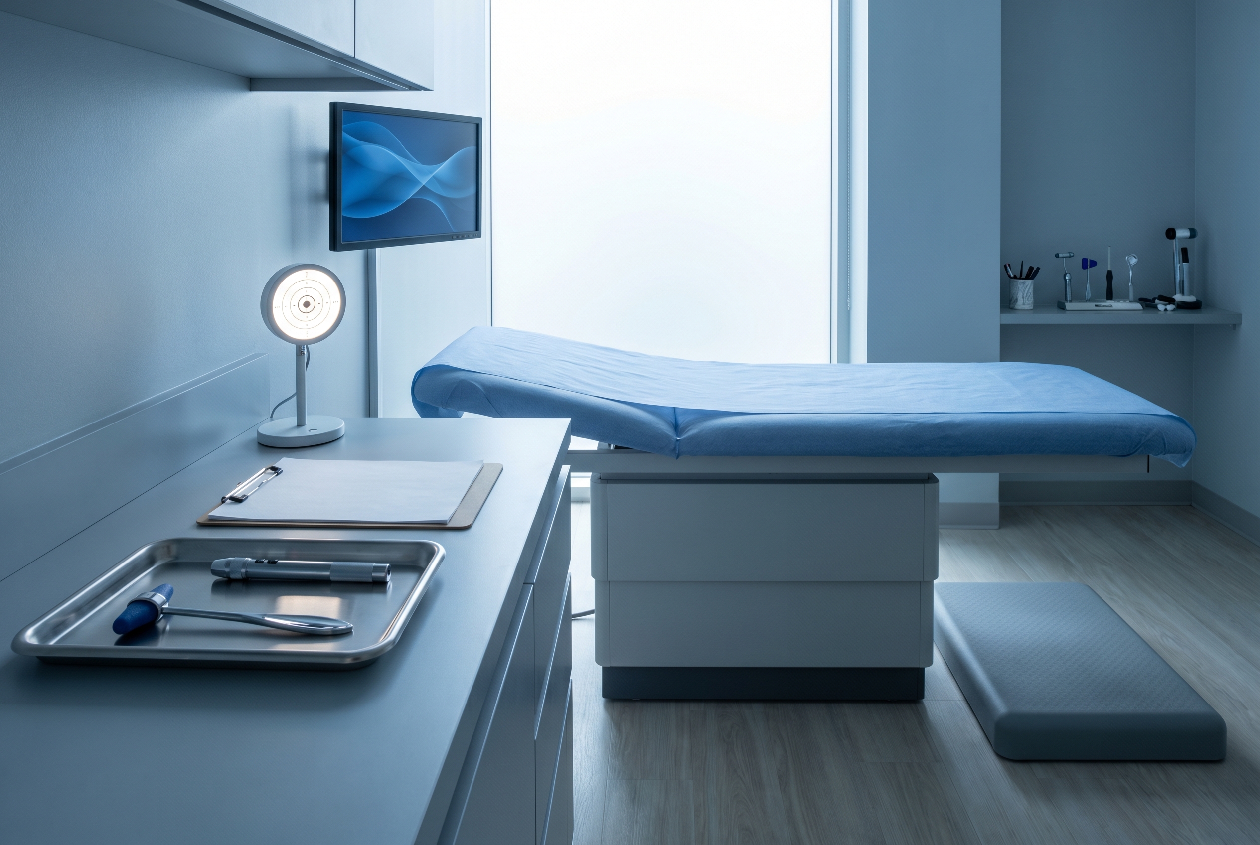 Concussion evaluation setup in a San Diego clinic with balance, vision, and neurologic assessment tools