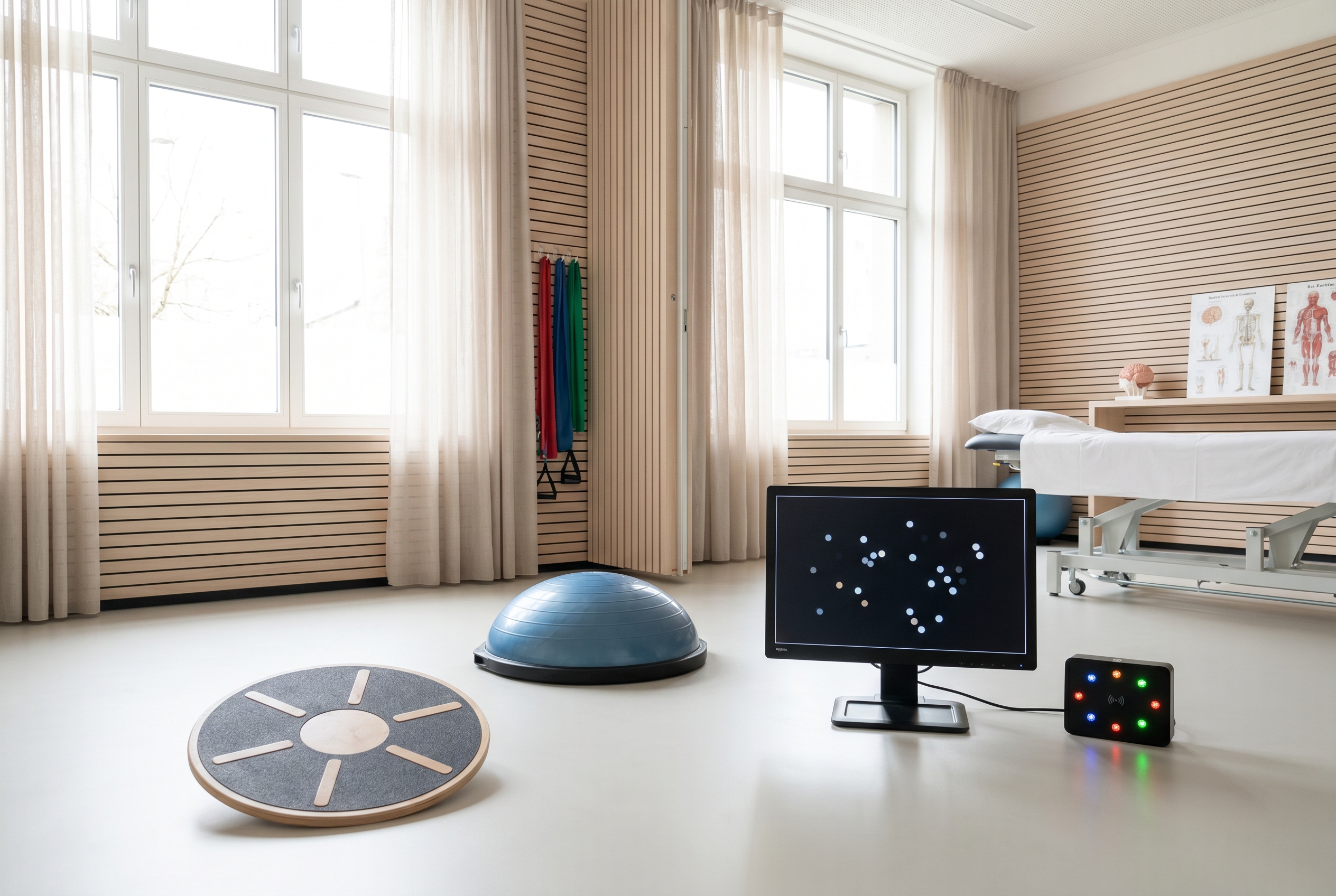 Clinical rehabilitation setting with balance and visual concussion assessment equipment