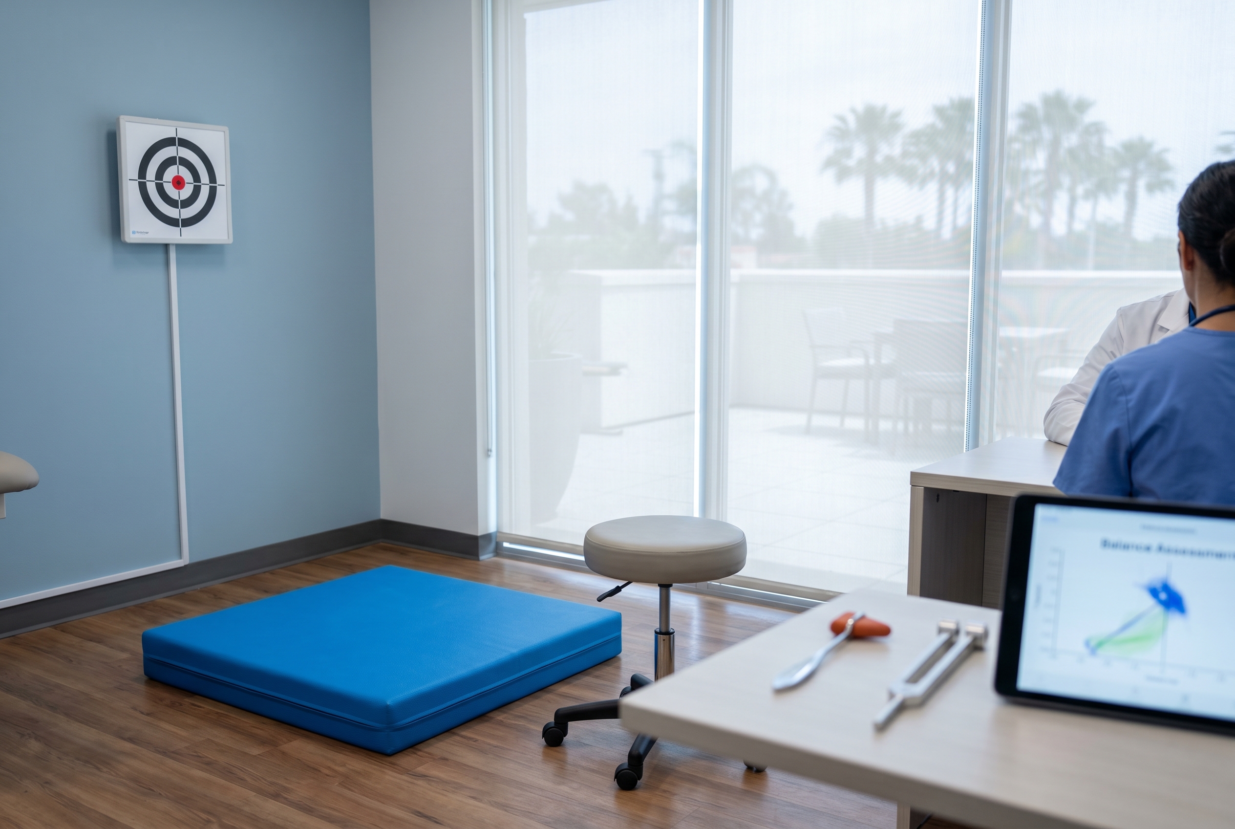 Vestibular and balance assessment setup for dizziness after concussion treatment in San Diego
