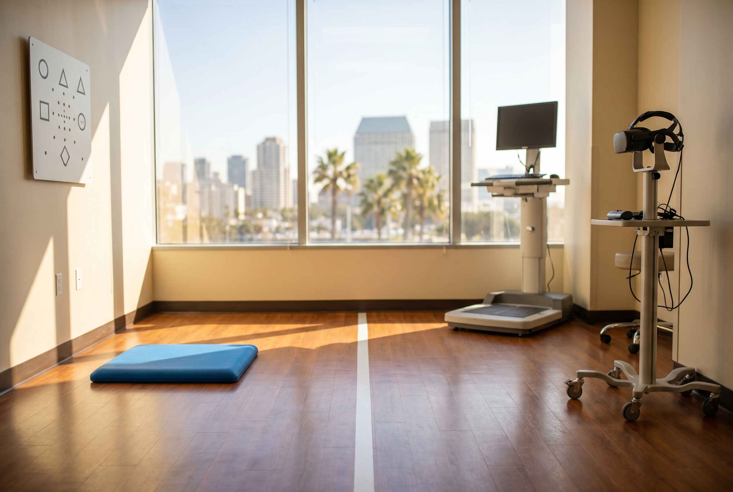 Clinical vestibular and balance testing setup for a dizziness and balance clinic evaluation in San Diego