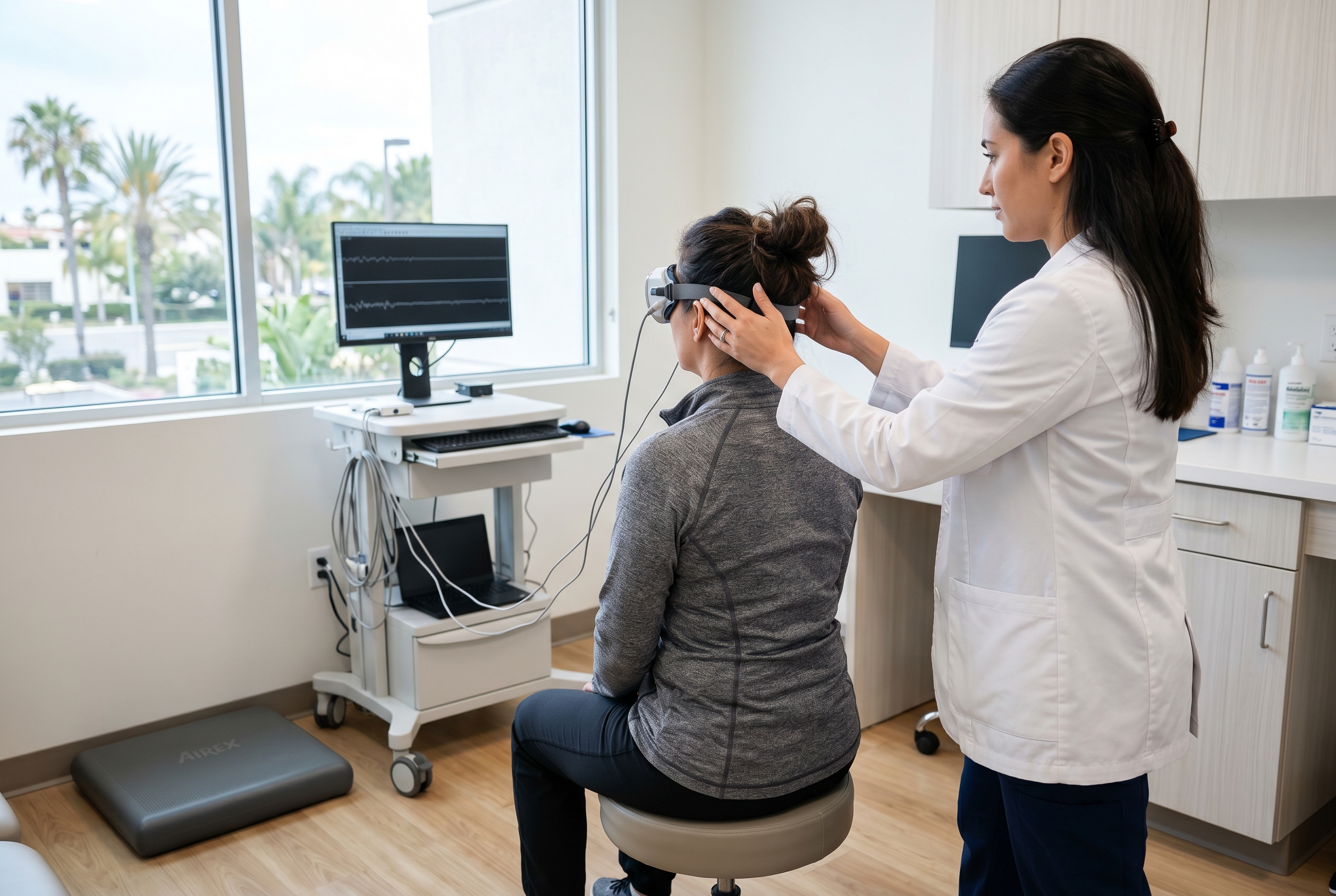 Clinician performing balance and eye movement assessment for dizziness in a San Diego clinic