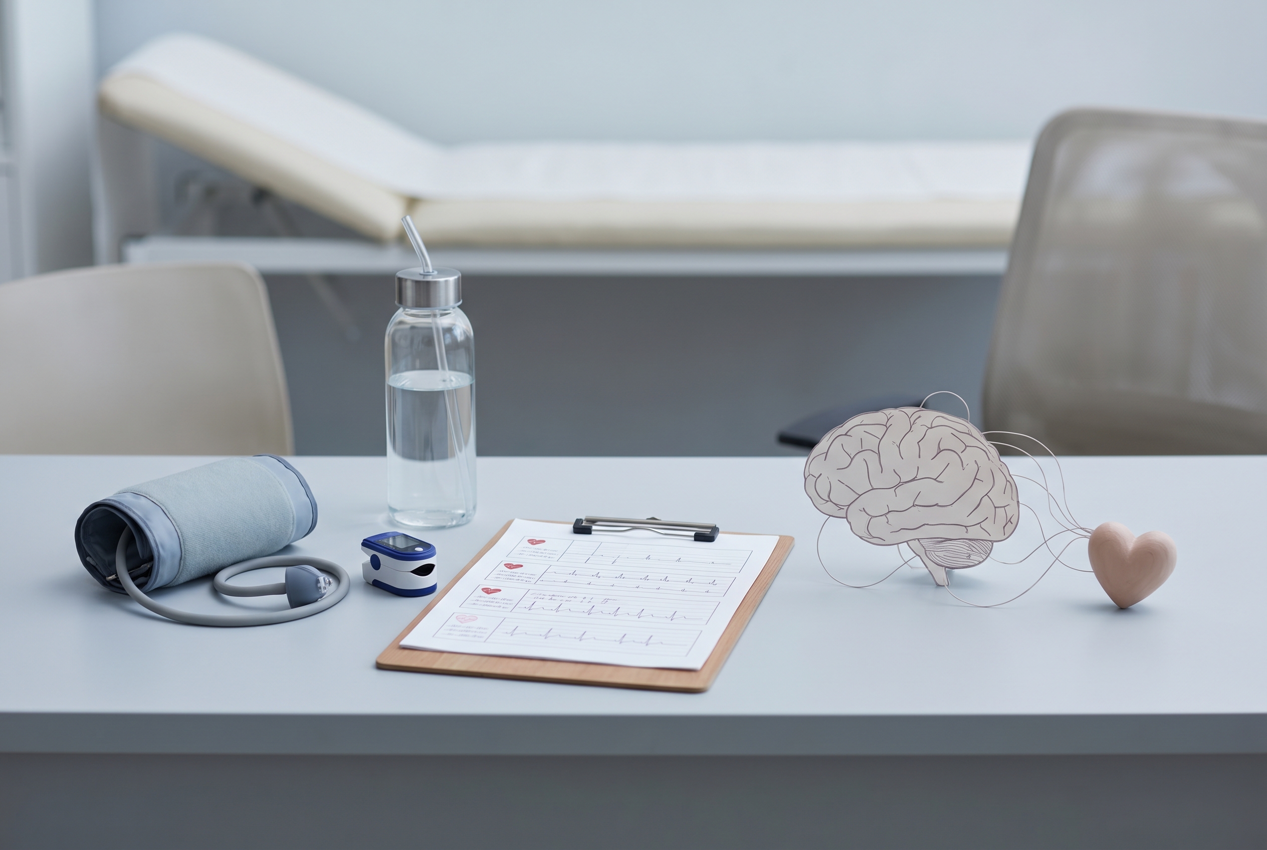 Clinical orthostatic assessment setup showing blood pressure cuff, pulse oximeter, hydration bottle, and exam room tools for dizziness when standing evaluation