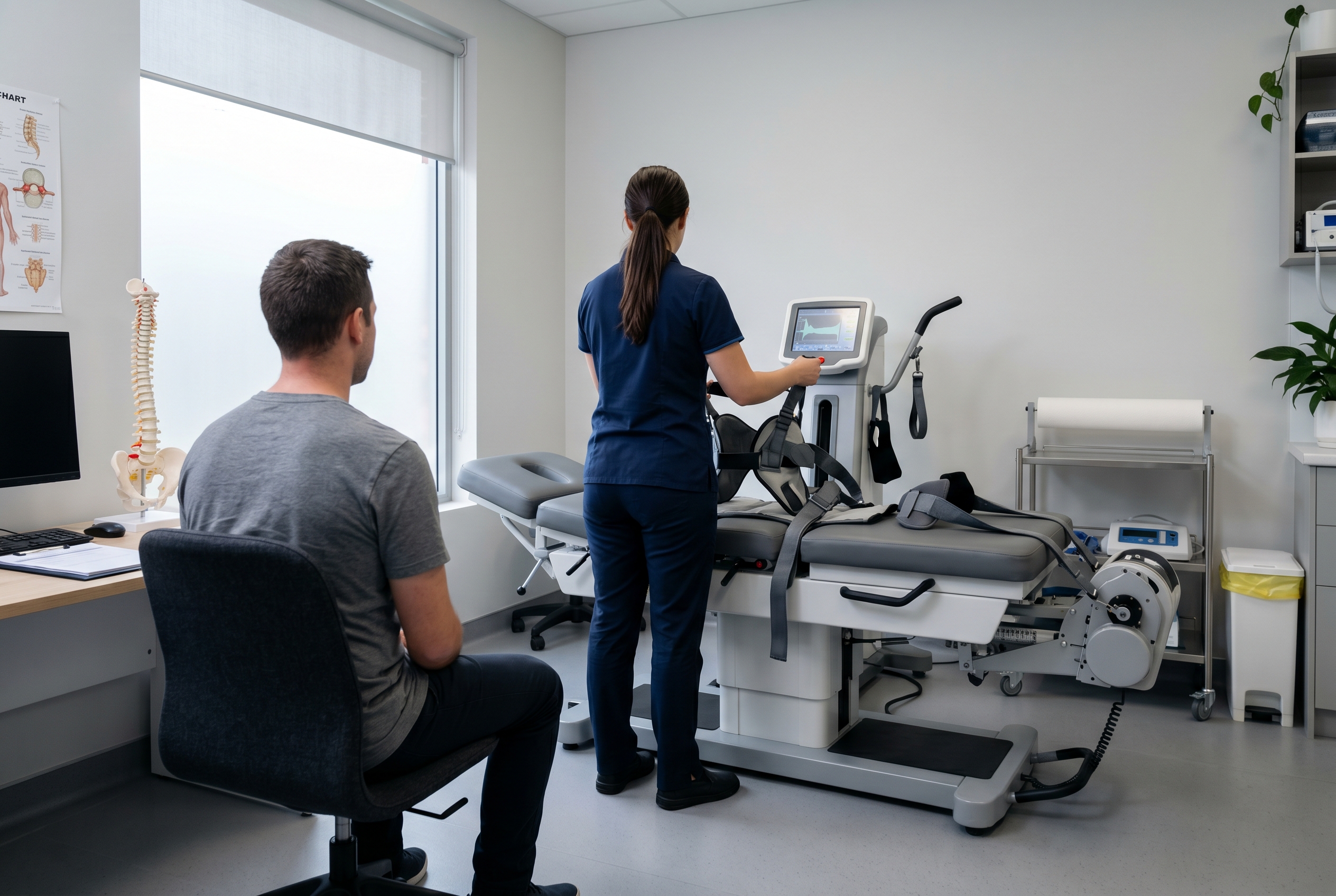 Non-surgical spinal decompression setup for herniated disc care in a clinical setting