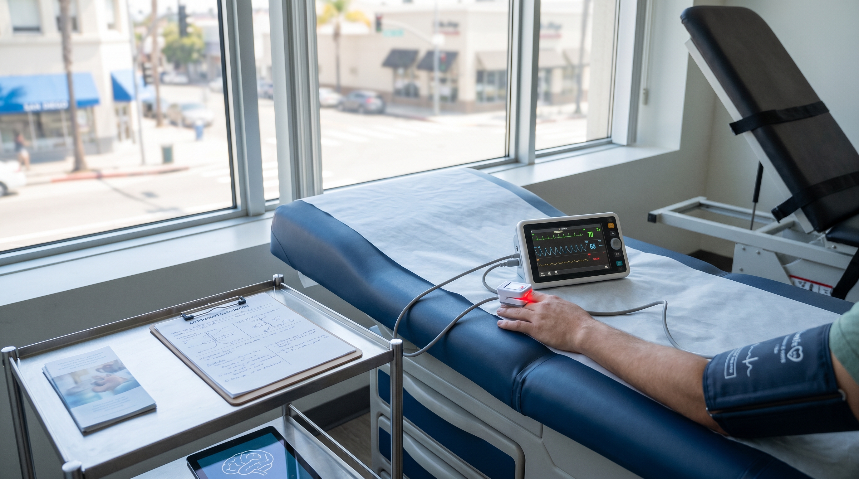 Clinical autonomic evaluation setup with blood pressure cuff and neurologic testing tools in a San Diego clinic