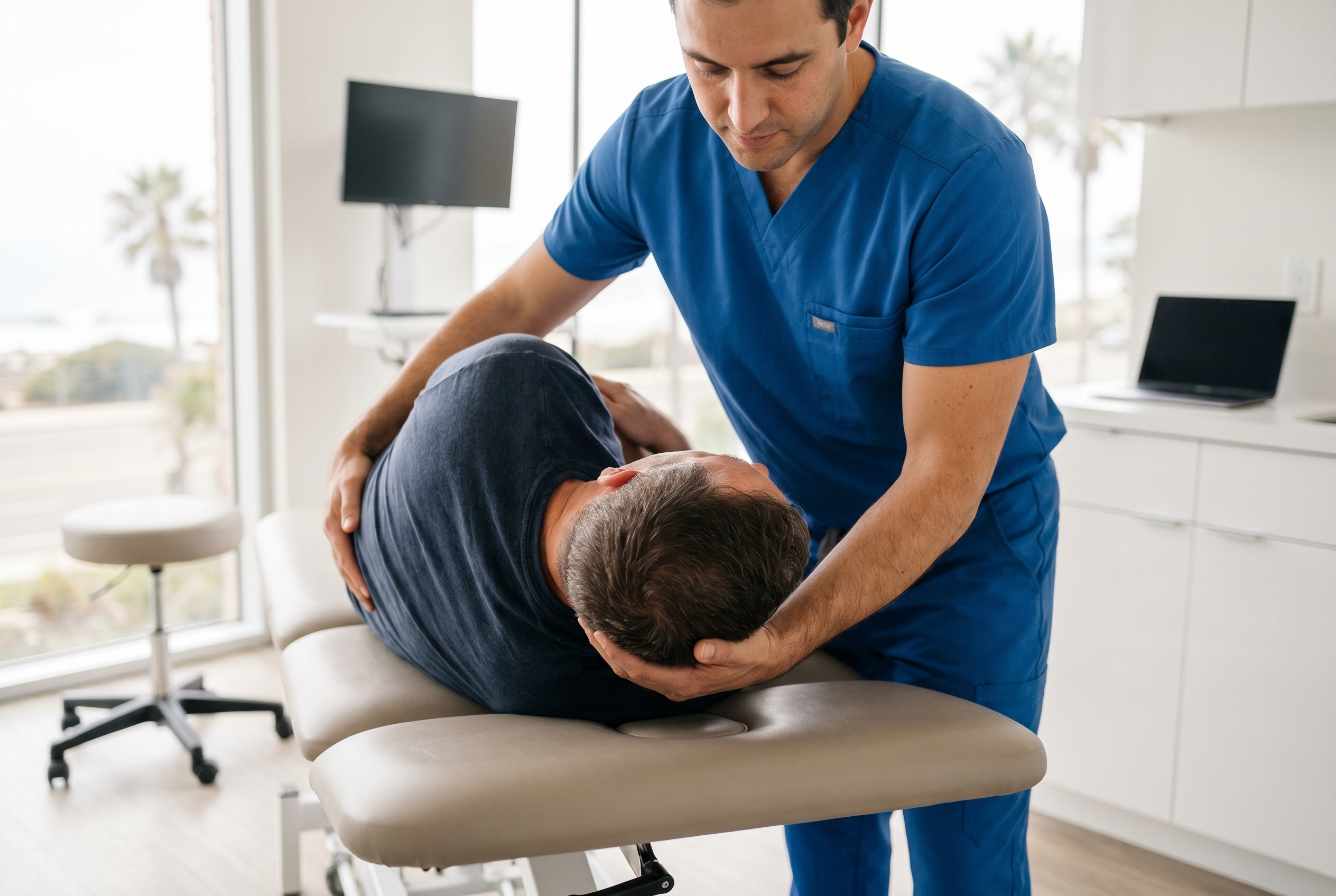 Clinician guiding a patient through positional vertigo evaluation in a San Diego vestibular exam room