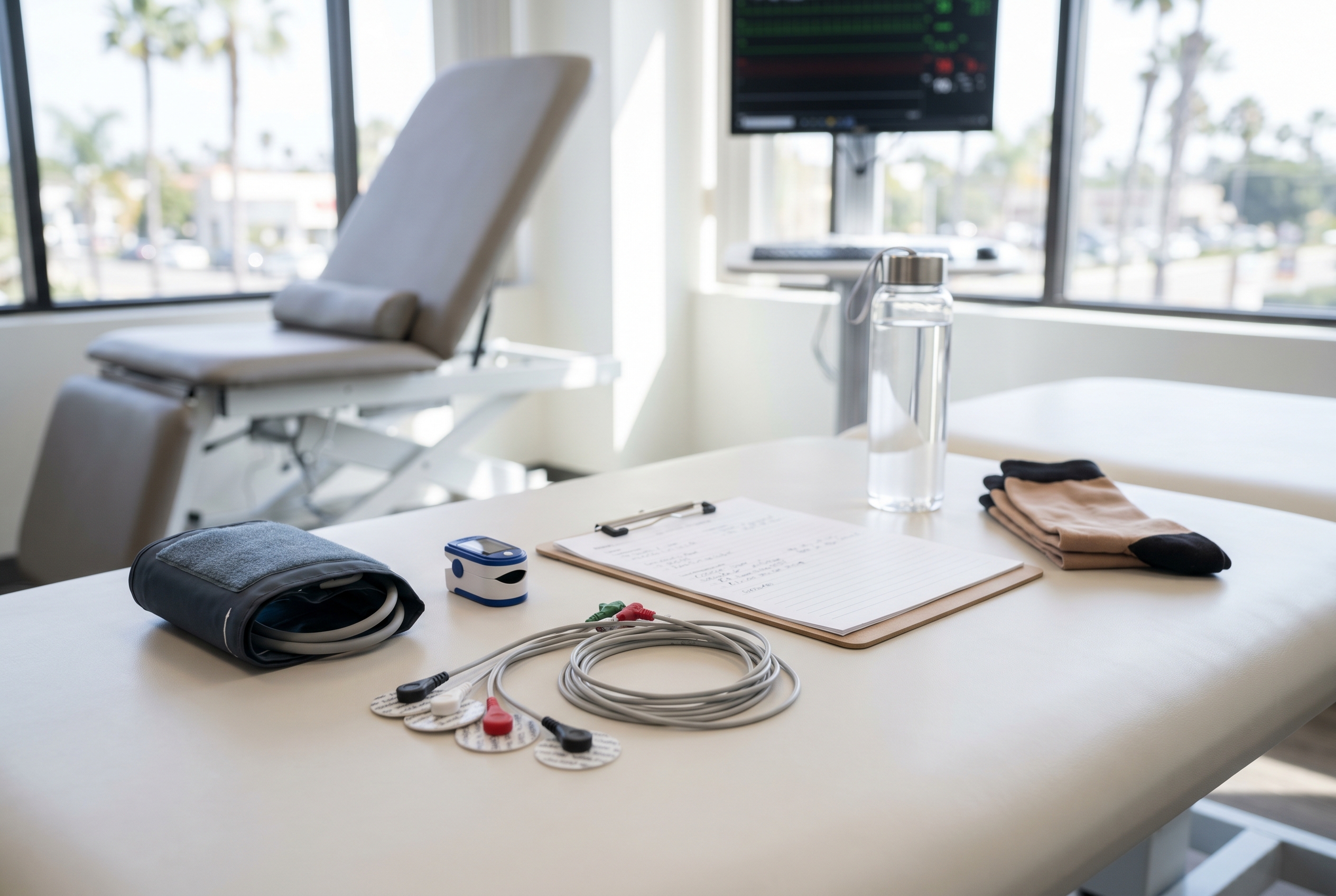 Blood pressure cuff and heart rate monitoring setup for POTS testing in a clean clinical exam room