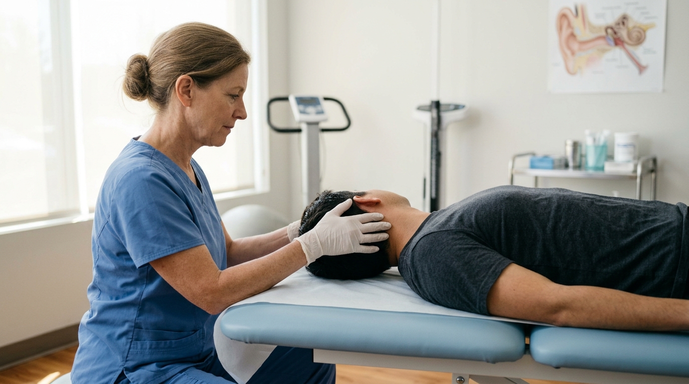 Vestibular evaluation setup in a clean clinical room for positional vertigo assessment