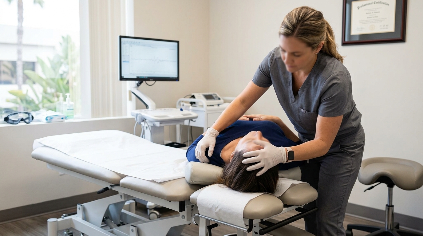 Clinical vestibular exam setup for BPPV testing in a clean treatment room