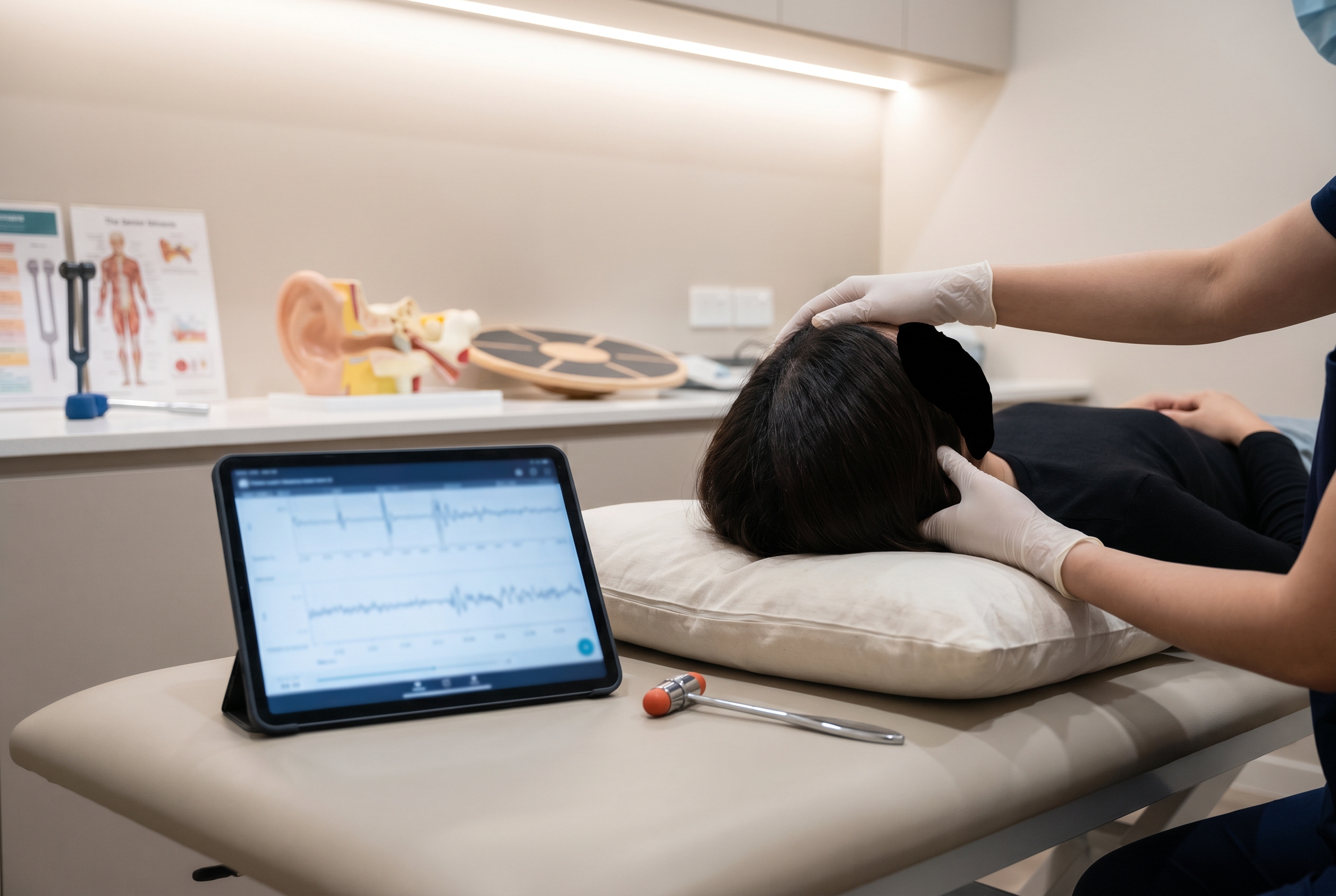Clinical vestibular assessment setup illustrating positional vertigo and vestibular migraine comparison