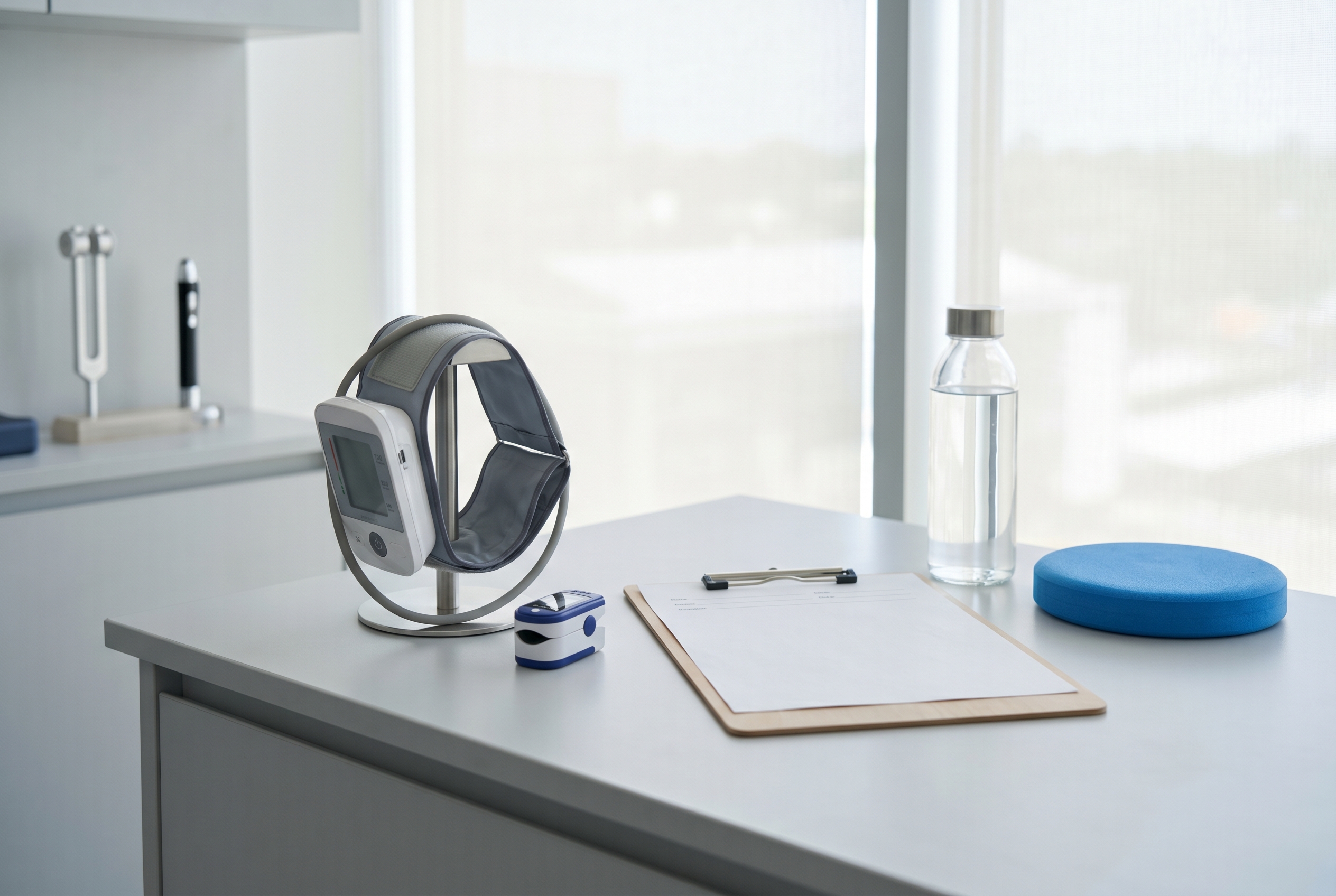 Clinical still life showing blood pressure cuff, pulse oximeter, water bottle, and neurologic balance testing tools in a bright exam room