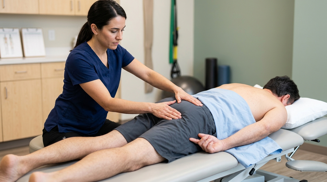 Clinical evaluation for buttock pain radiating down the leg in a modern San Diego therapy setting