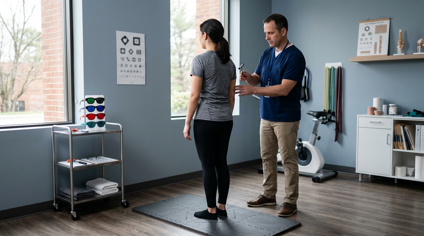 Clinical balance and visual assessment setup for lingering concussion symptoms in a modern San Diego rehabilitation clinic