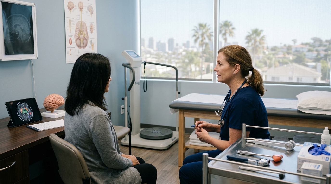 Clinical headache evaluation and neurologic rehabilitation setting in San Diego with exam equipment and no visible faces