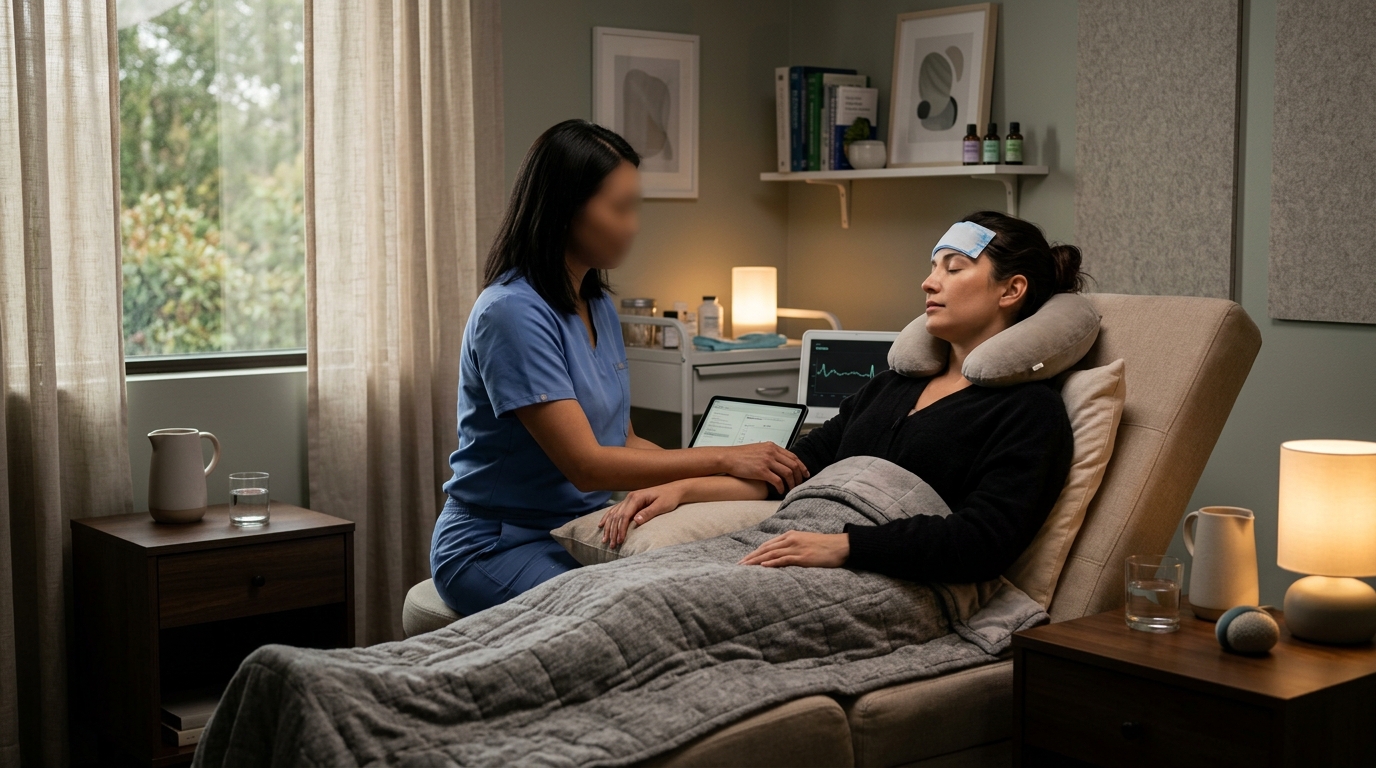 Calm clinical neurology exam room with soft lighting and migraine-friendly setting