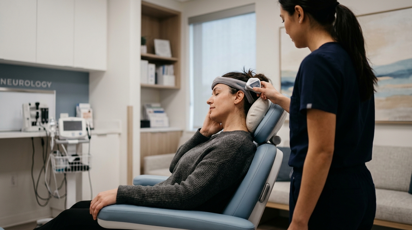 Calm clinical migraine evaluation setting with soft lighting and no faces