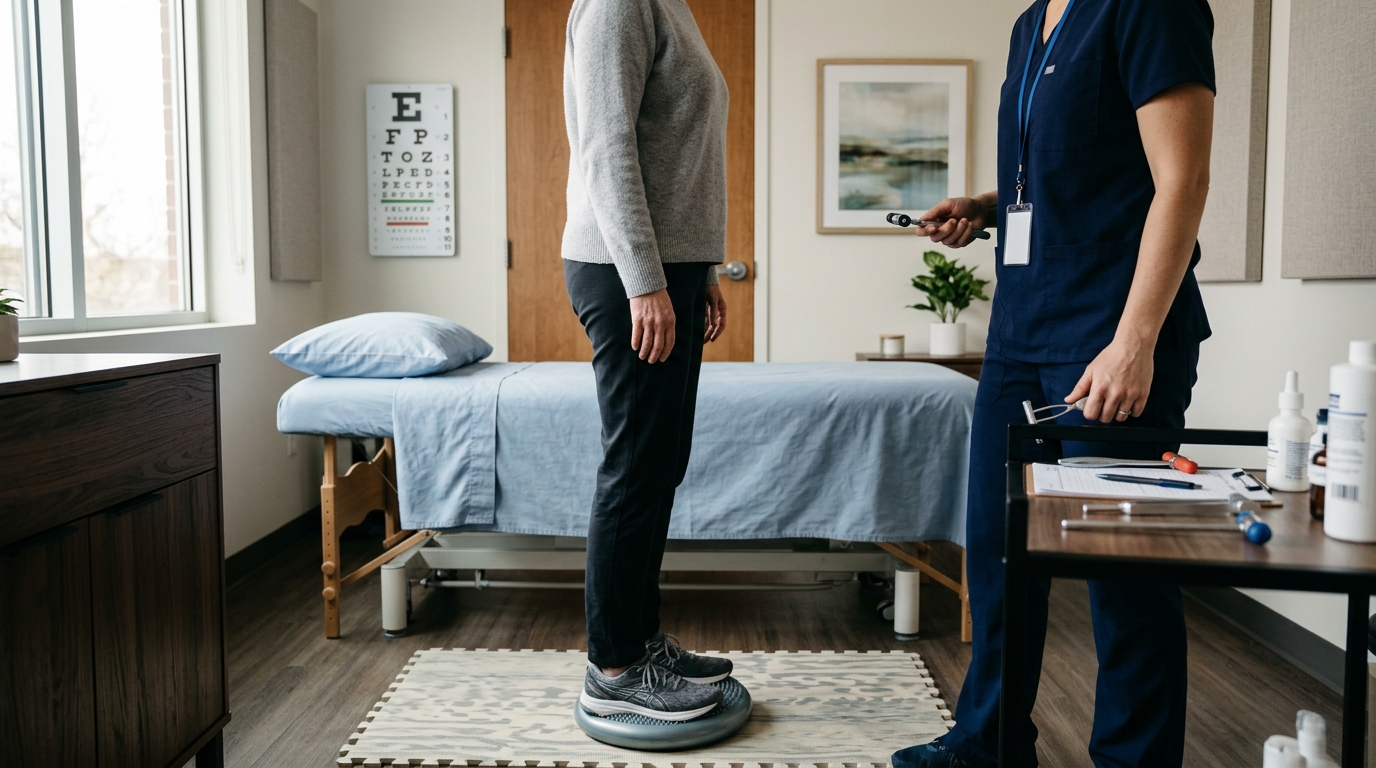 Calm clinical rehab setting with visual and balance assessment tools representing concussion-related anxiety symptoms