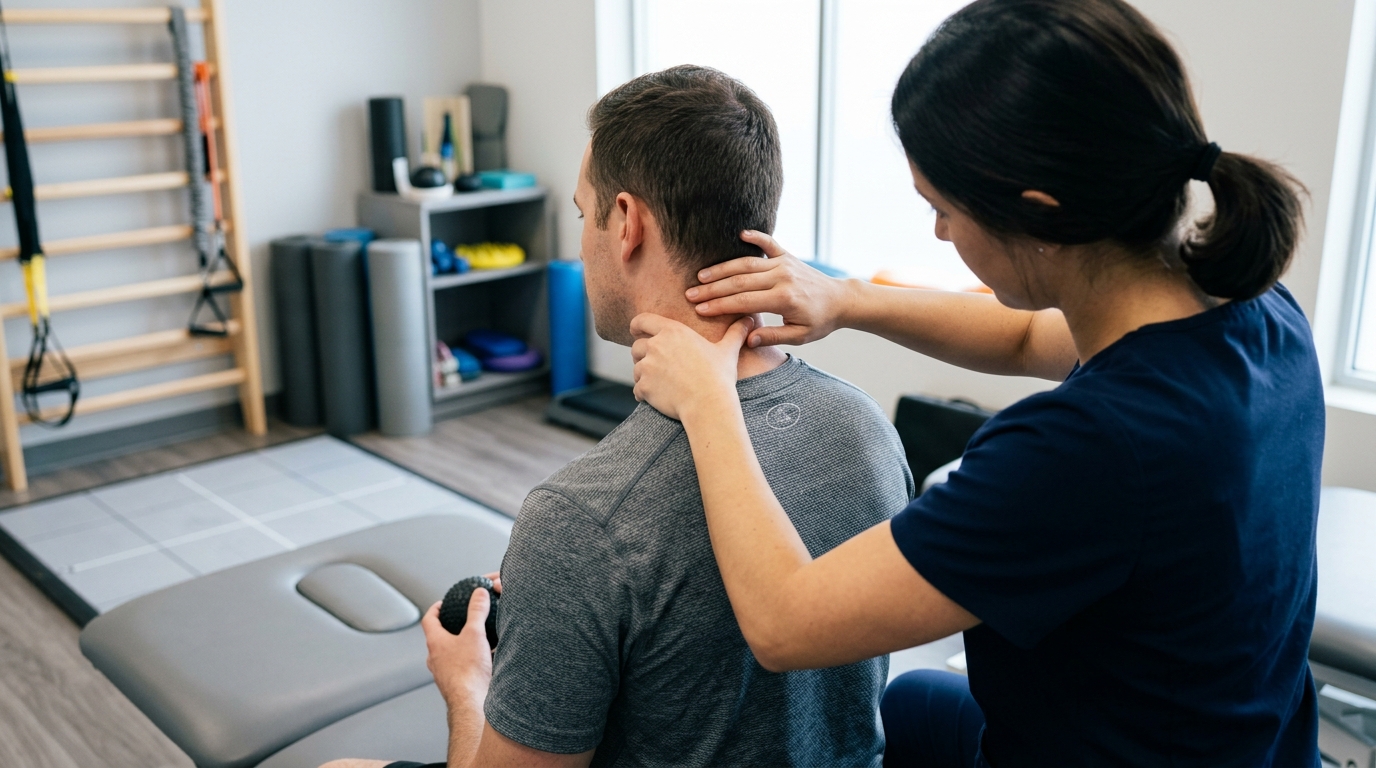 Clinical rehabilitation setting illustrating concussion and neck pain assessment without visible faces