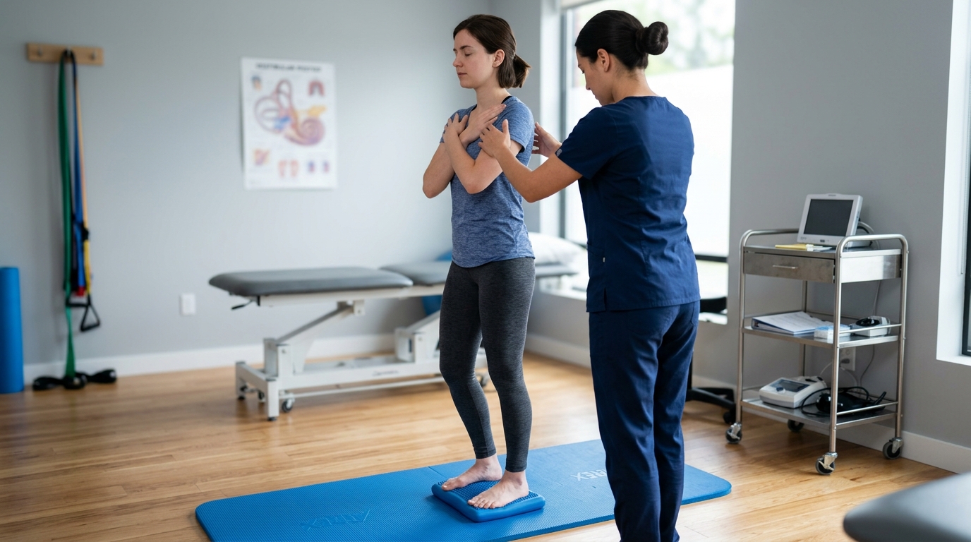 Photorealistic clinical balance assessment scene without text or faces