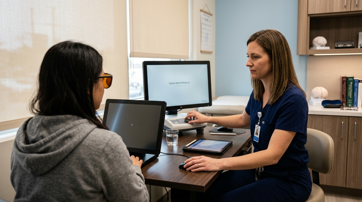 Calm clinical exam room lighting setup for post-concussion light sensitivity evaluation