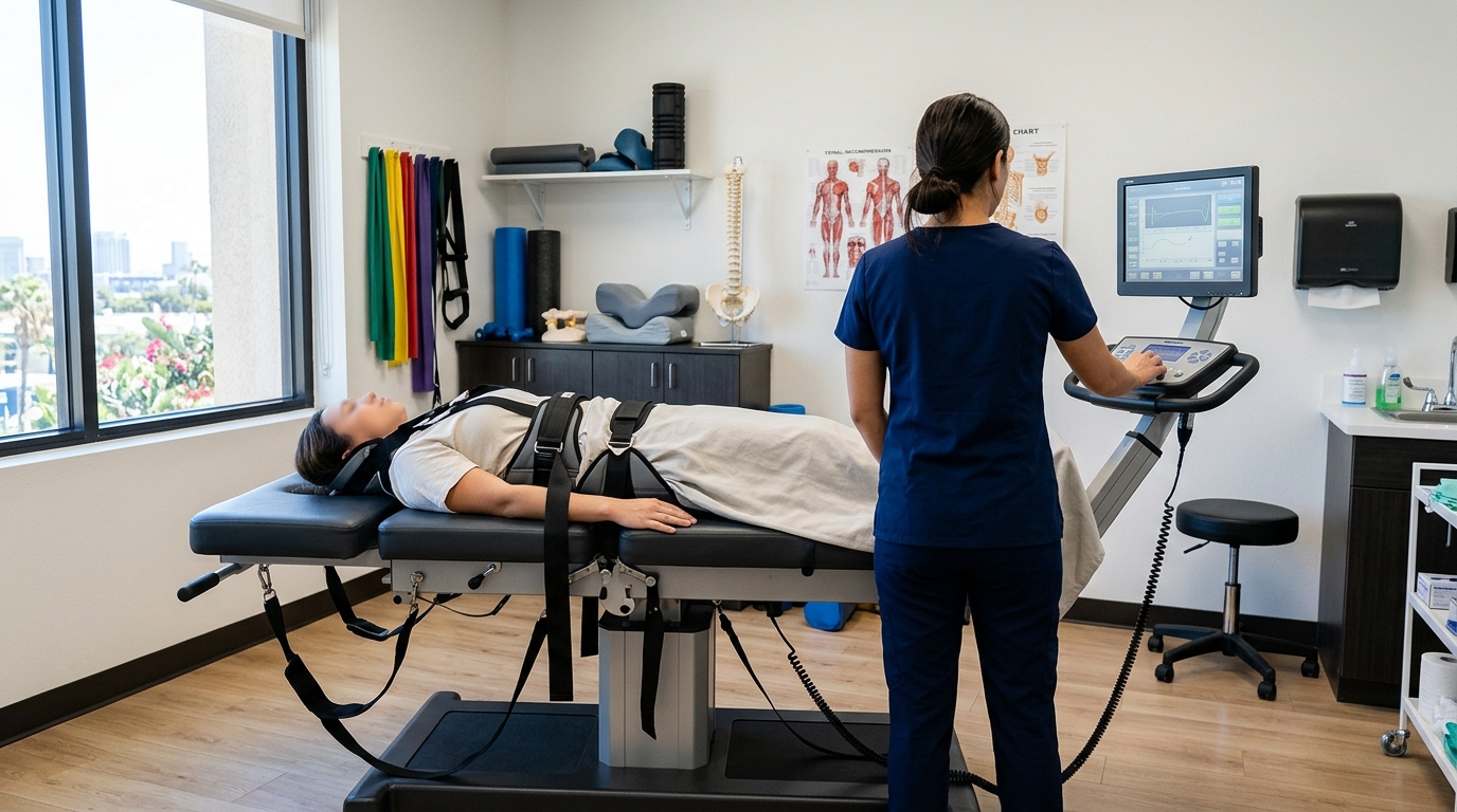 Modern spinal decompression therapy room in a clean San Diego clinical setting with no people visible
