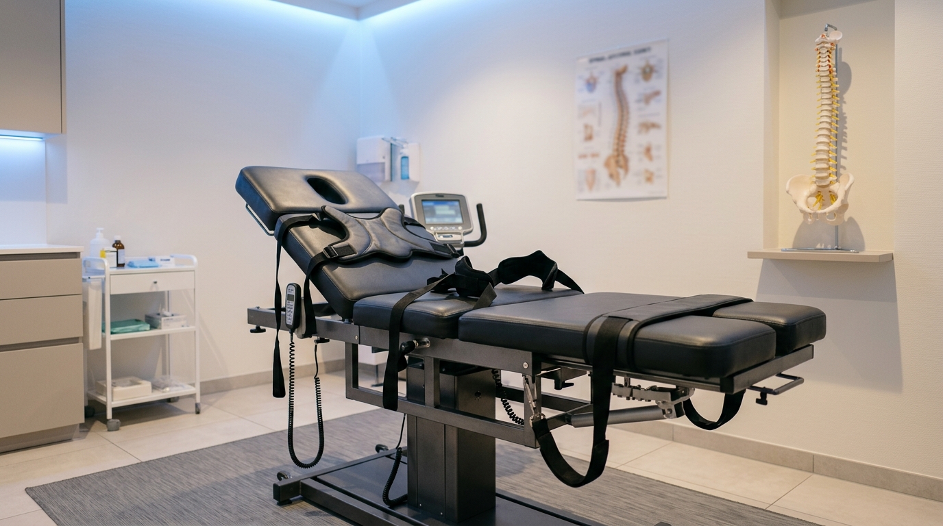 Clinical spinal decompression table in a clean treatment room