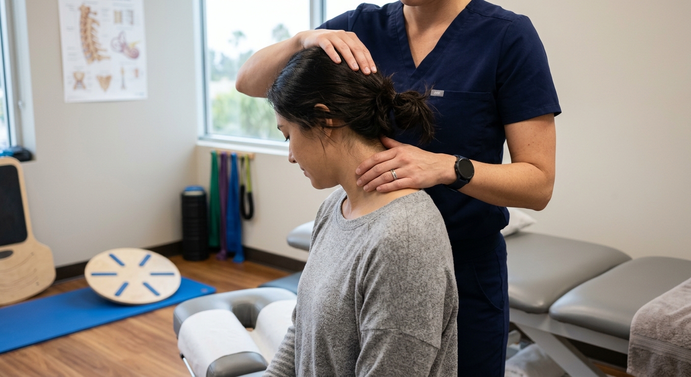 Clinical balance and neck assessment setup in a clean San Diego rehabilitation setting