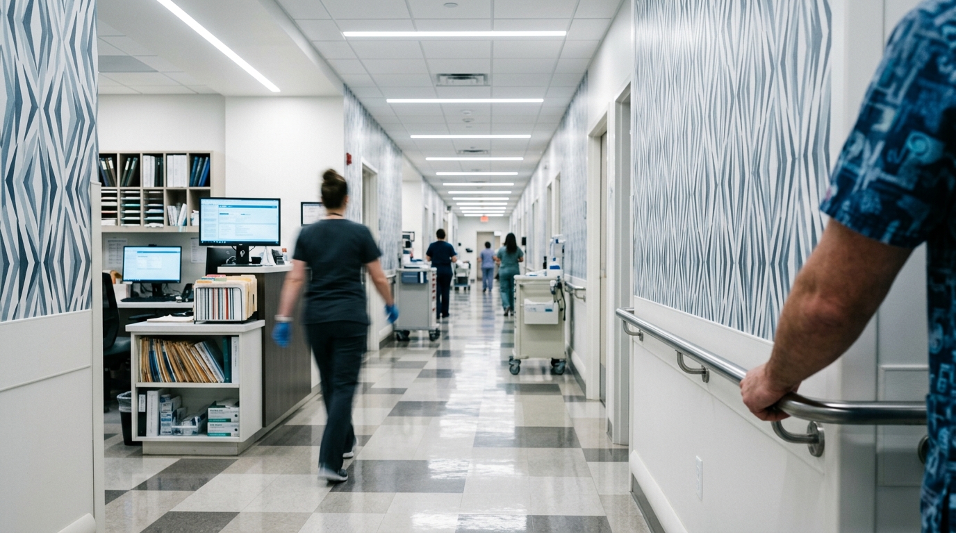 Clinic hallway scene with patterned visual cues representing dizziness in busy environments