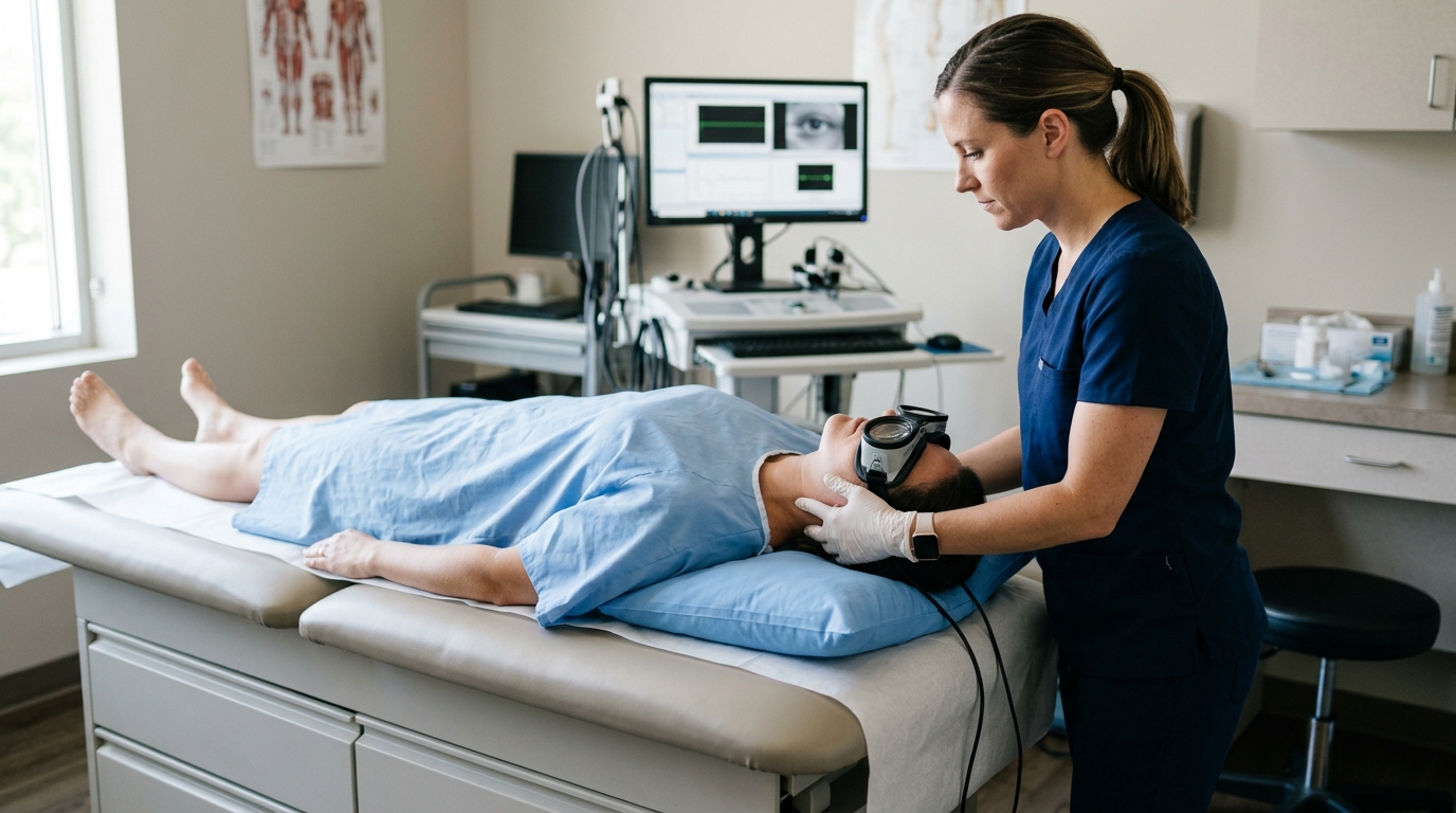 Clinical vestibular evaluation setup for dizziness triggered by lying down