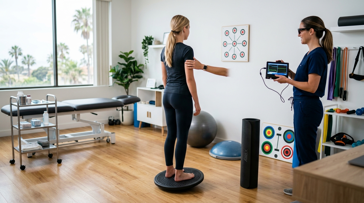 Functional neurology clinic exam setup in San Diego with balance and visual assessment tools
