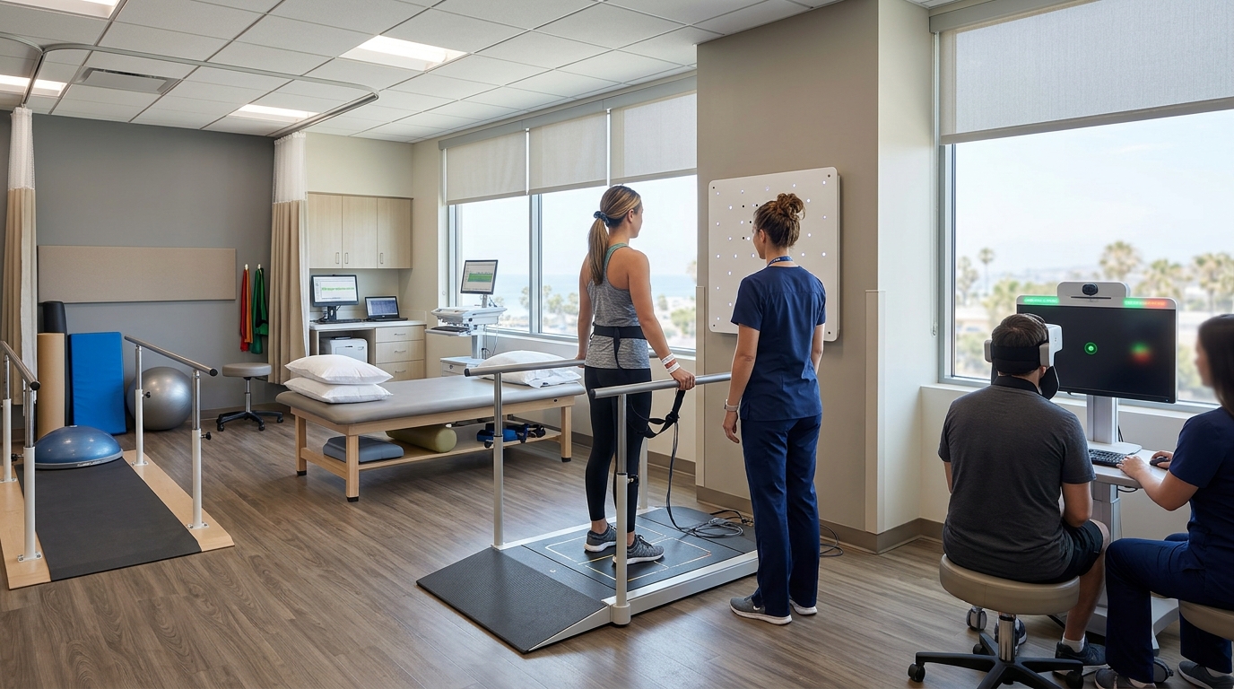 Clinical concussion rehabilitation setting with balance and visual assessment tools in a clean San Diego neurology clinic