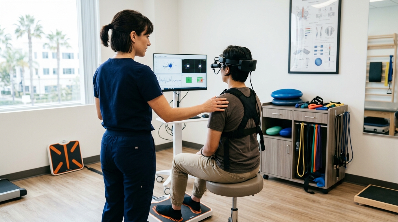 Clinical functional neurology evaluation setup in a modern San Diego rehab setting