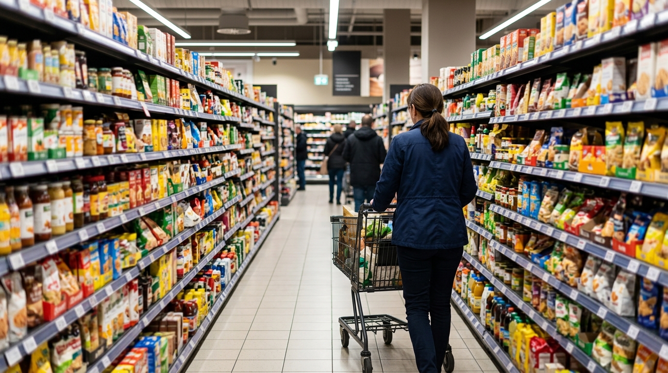 Bright grocery aisle with blurred shelves suggesting visual-motion sensitivity without showing faces