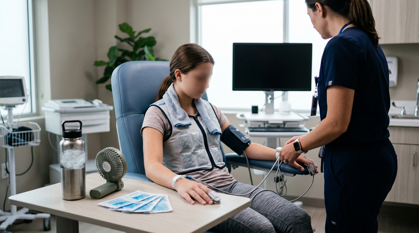 Clinical autonomic assessment setup with cooling, hydration, and heart rate monitoring cues
