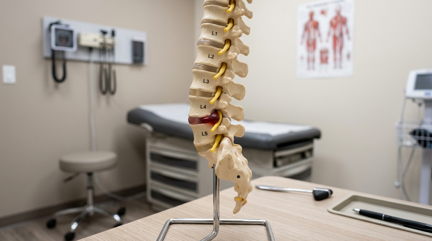Medical illustration of lumbar spine showing herniated disc pressing on nerve root