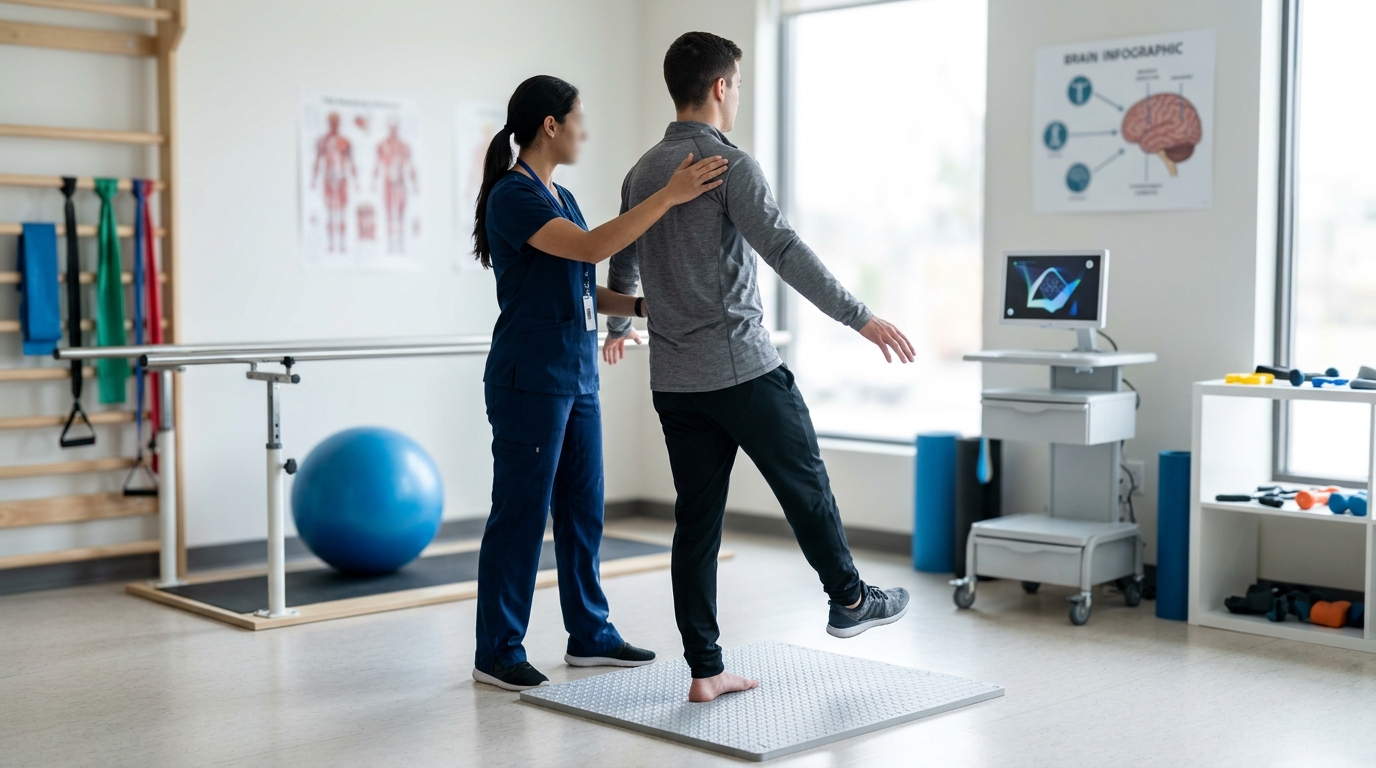 Clinical rehabilitation scene representing lingering concussion recovery without visible faces or text