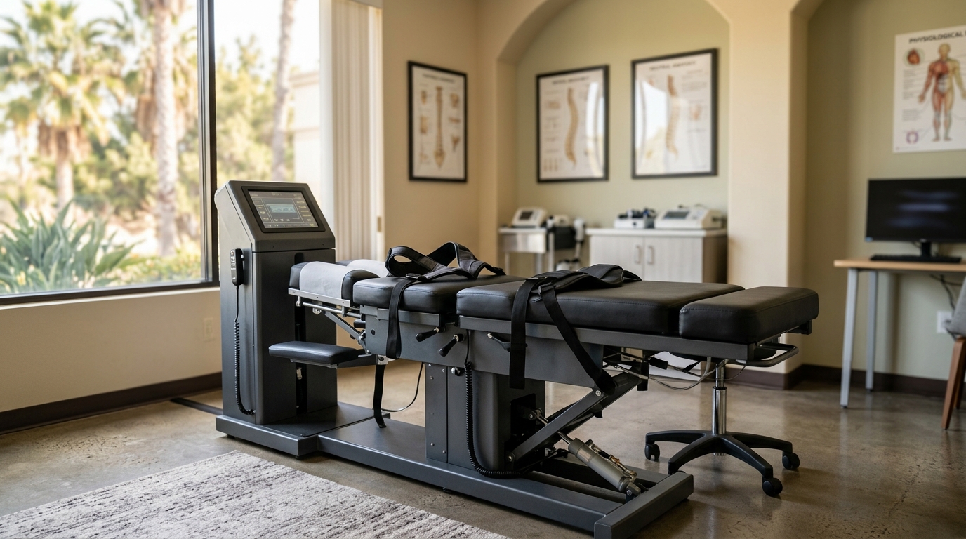 Modern spinal decompression treatment room with lumbar support equipment in a clean San Diego clinic setting