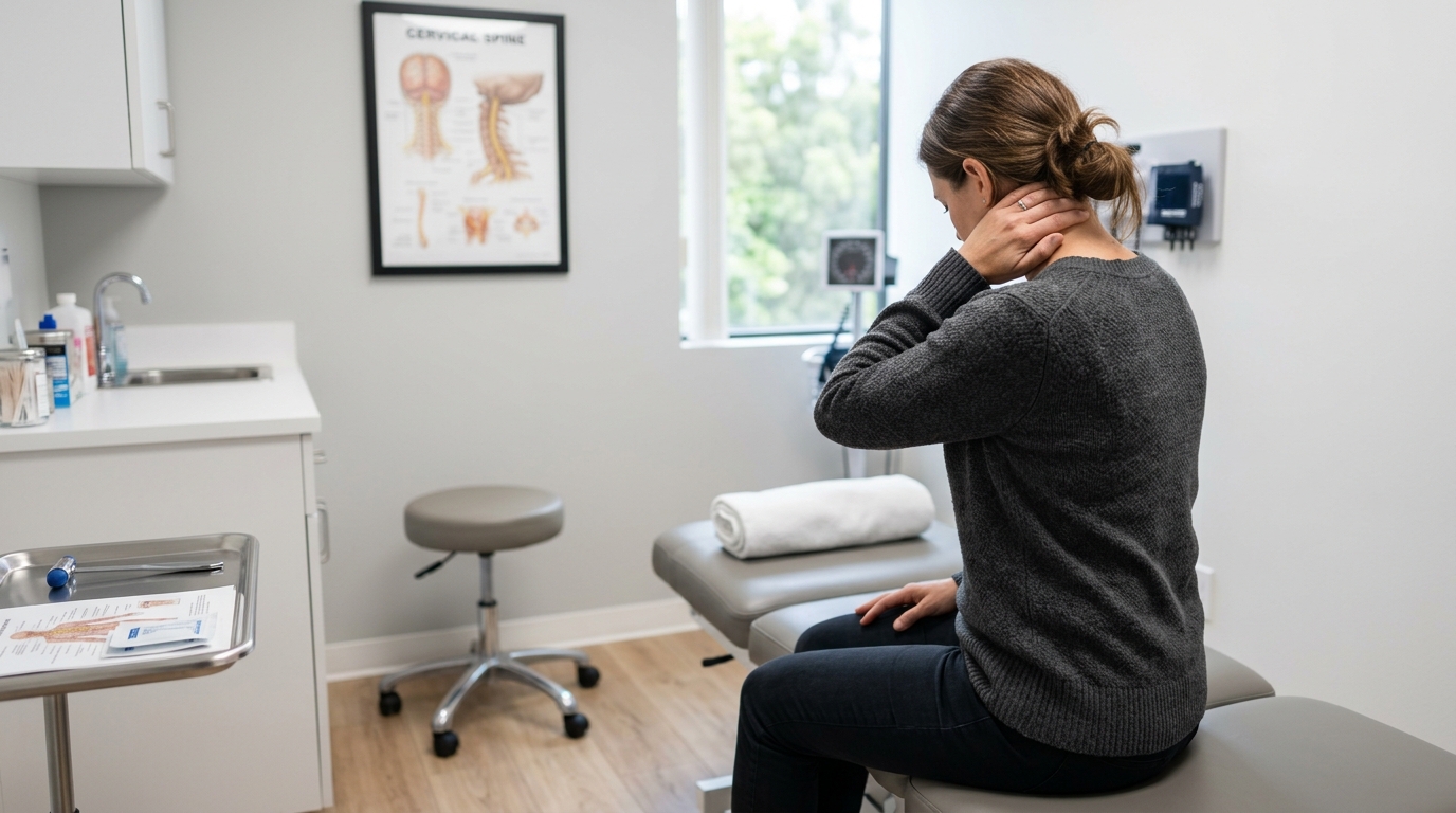 Clinical migraine and neck pain evaluation setup in a clean San Diego treatment room