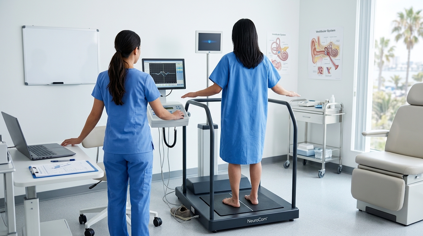 Clinical vestibular and balance assessment setting for migraine-related dizziness treatment in San Diego