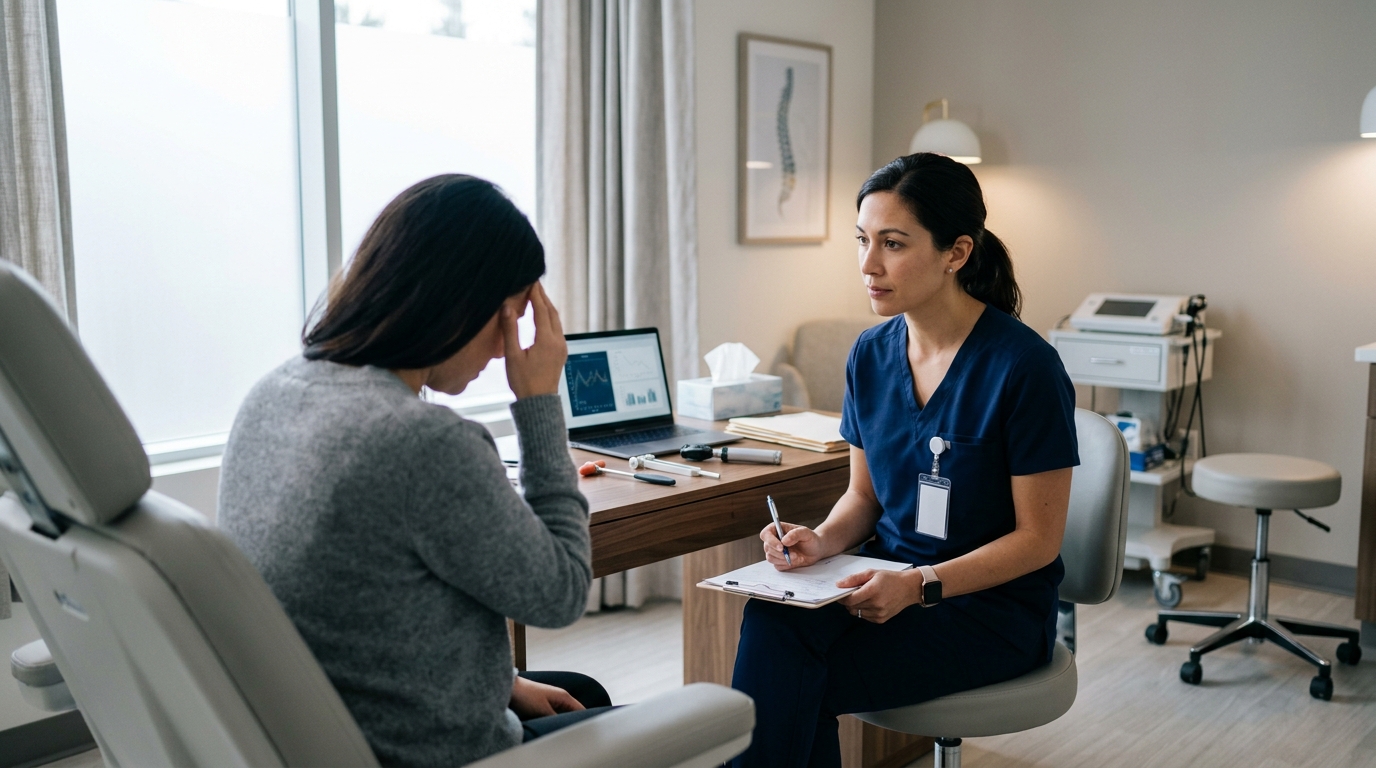 Calm clinical migraine evaluation setting with exam tools and soft natural light