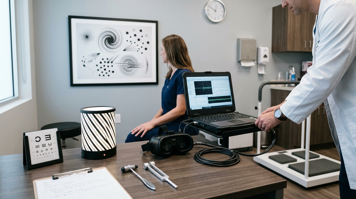 Clinical balance and visual motion assessment setup for migraine-related dizziness evaluation