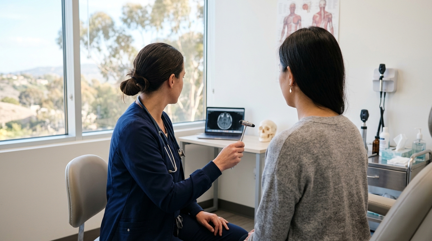 Woman in San Diego consulting with a clinician about migraine symptoms and dizziness